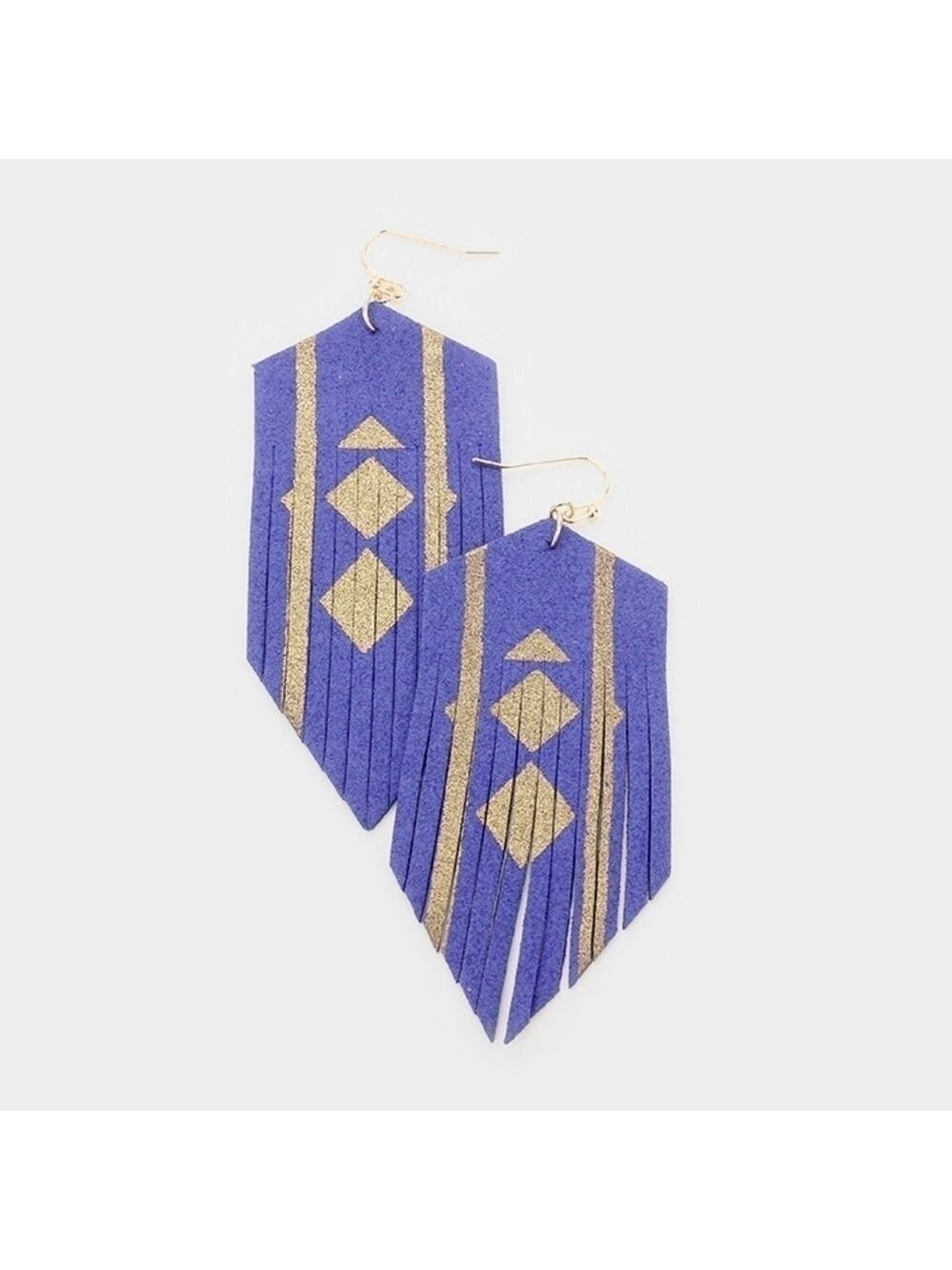 NEW Boho Southwestern Blue Gold Cut Suede Fringe Dangle Earrings